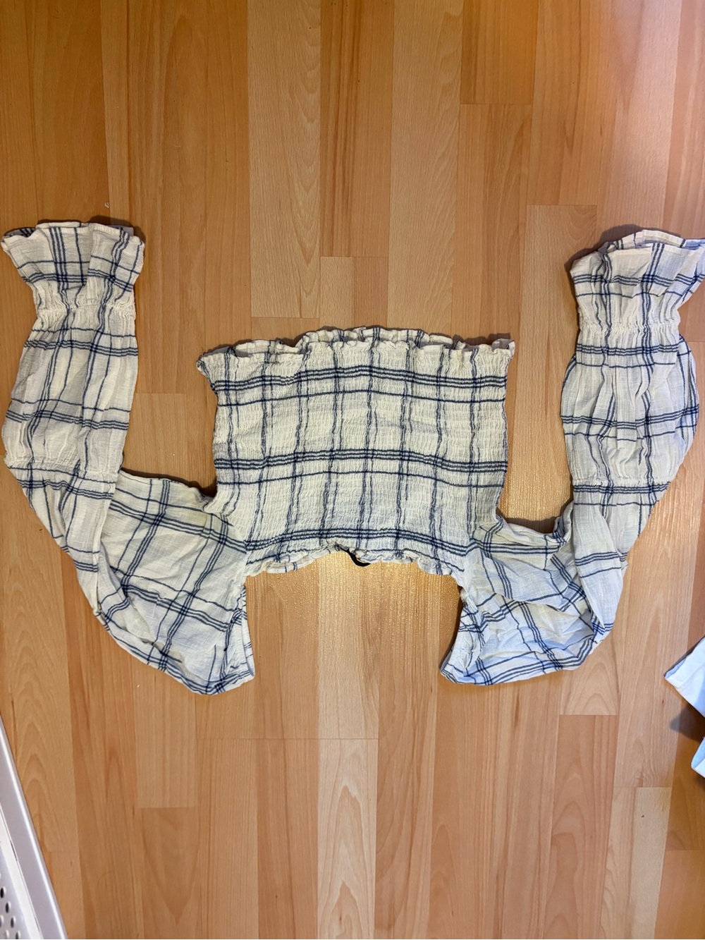 White and Navy Plaid Off-Shoulder Top
